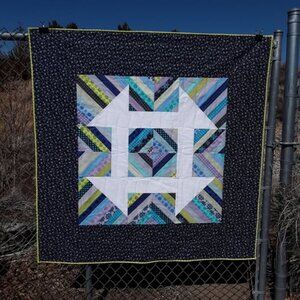 BN HANDCRAFTED CHURNDASH QUILT BLUE PURPLE GREEN WHITE AQUA COLORS